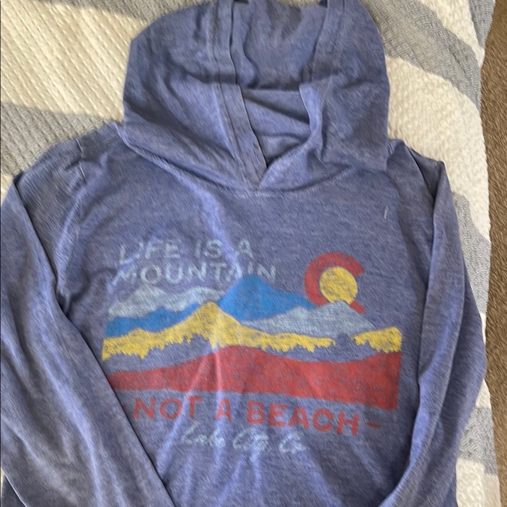 Blue and Red Long Sleeve Tee with Mountain Graphic